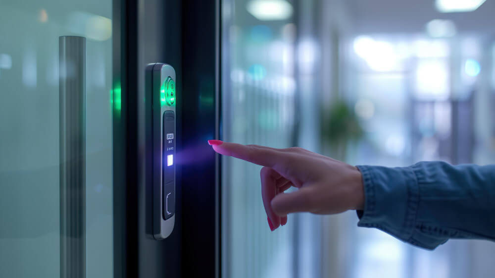 Um scanner escaneia as impressões digitais de uma mulher no elevador inteligente