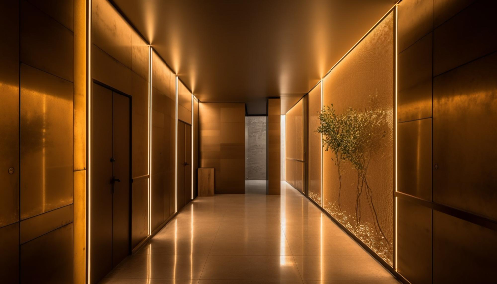 A imagem mostra um corredor luxuoso com elevadores